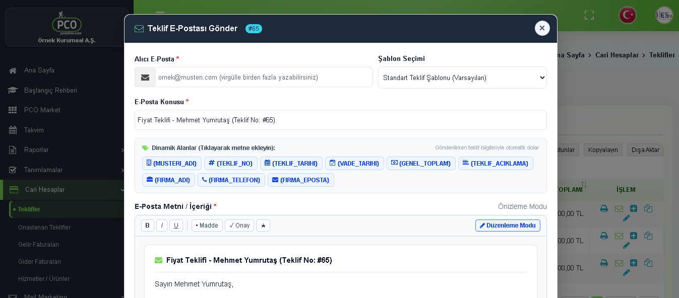 Teklif e-postası hazırlama ekranı