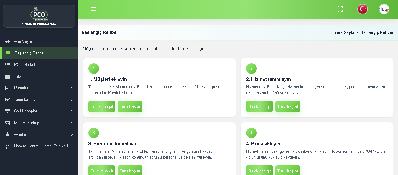 Adım adım başlangıç rehberi ekranı